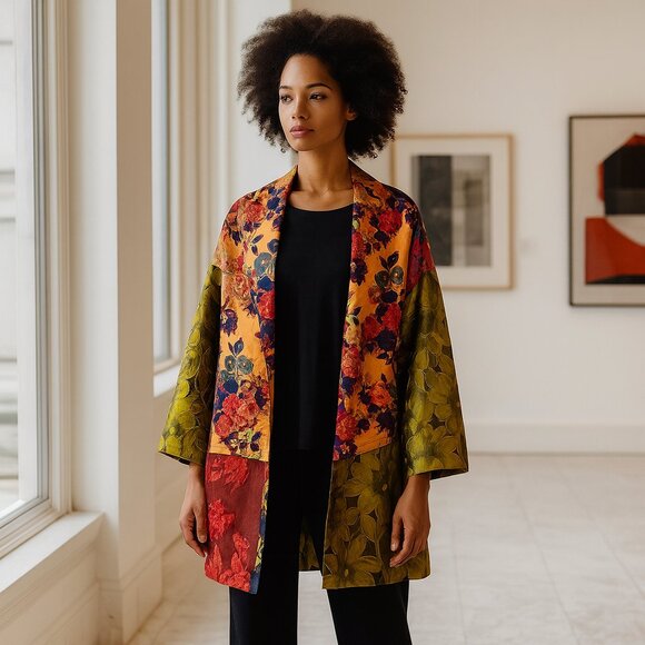 Alembika Floral Patchwork Kimono Jacket Brocade Jacquard Art to Wear Boho Luxe M - Picture 13 of 13